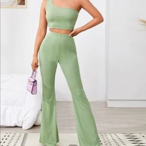 One shoulder crop top and high waisted flare buttoms